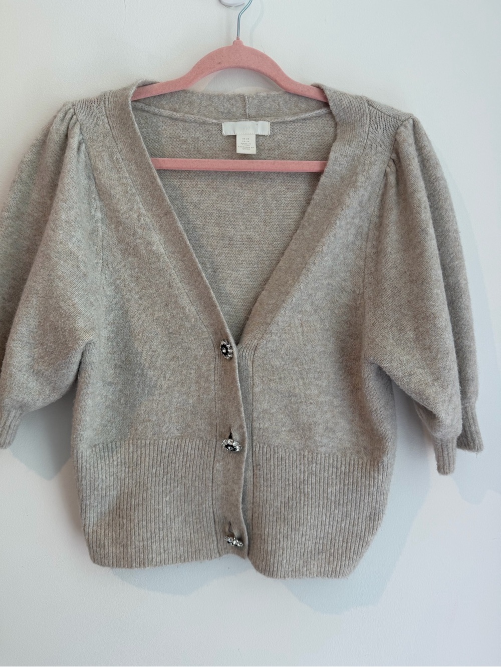 H&M Taupe Puff Sleeve Jeweled Button Cardigan - Picture 2 of 5